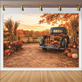 Lofaris Vintage Truck Autumn Harvest Backdrop with Pumpkins and Fall Foliage, Rustic Photography Background for Thanksgiving Party Decor