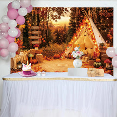 Lofaris Cozy Autumn Camping Photography Backdrop with Teepee Tent, String Lights and Fall Leaves, Warm Forest Sunset for Outdoor Photoshoot