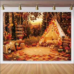 Lofaris Cozy Autumn Camping Photography Backdrop with Teepee Tent, String Lights and Fall Leaves, Warm Forest Sunset for Outdoor Photoshoot