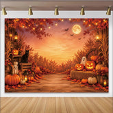 Lofaris Rustic Halloween Backdrop with Jack-o'-lanterns, Ghosts, and Black Cat, Autumn Fall Leaves Photography Background for Party Decor