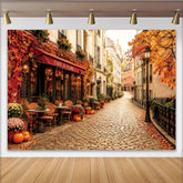 Lofaris Autumn European Cafe Backdrop with Fall Foliage and Pumpkins, Charming Cobblestone Street Background for Studio Photography