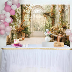 Lofaris Elegant Autumn Greenhouse Photography Backdrop, Rustic Fall Leaves and Pumpkins Window Background for Photoshoot