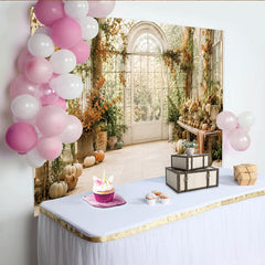 Lofaris Elegant Autumn Greenhouse Photography Backdrop, Rustic Fall Leaves and Pumpkins Window Background for Photoshoot