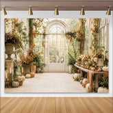 Lofaris Elegant Autumn Greenhouse Photography Backdrop, Rustic Fall Leaves and Pumpkins Window Background for Photoshoot