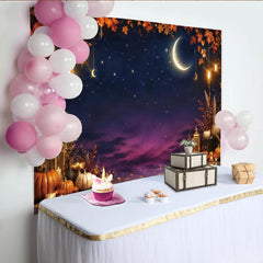 Lofaris Enchanting Autumn Night Holiday Backdrop with Crescent Moon, Stars, and Pumpkins, Fall Harvest Party Decor for Photography