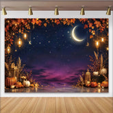 Lofaris Enchanting Autumn Night Holiday Backdrop with Crescent Moon, Stars, and Pumpkins, Fall Harvest Party Decor for Photography