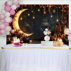 Lofaris Autumn Night Moon Photography Backdrop with Pumpkins and Stars, Dark Sky Studio Background for Fall Photoshoot