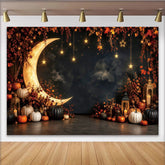 Lofaris Autumn Night Moon Photography Backdrop with Pumpkins and Stars, Dark Sky Studio Background for Fall Photoshoot