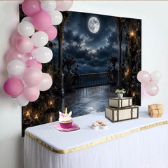 Lofaris Gothic Moonlit Photography Backdrop with Dark Roses and Arches, Elegant Night Scene Background for Portrait and Event Decor.