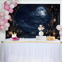 Lofaris Dark Moonlit Night Photography Backdrop with Gothic Arch and Glowing Lanterns, Elegant Floral for Romantic Portrait Photoshoot