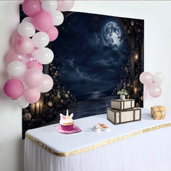 Lofaris Dark Moonlit Night Photography Backdrop with Gothic Arch and Glowing Lanterns, Elegant Floral for Romantic Portrait Photoshoot