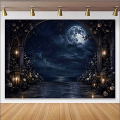 Lofaris Dark Moonlit Night Photography Backdrop with Gothic Arch and Glowing Lanterns, Elegant Floral for Romantic Portrait Photoshoot
