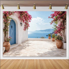 Lofaris White Mediterranean Photography Backdrop with Blue Door and Pink Bougainvillea, Scenic Sea View Background for Vacation and Party Decor