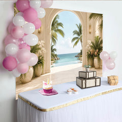 Lofaris Luxury Tropical Archway Photography Backdrop with Palm Trees and Ocean View, Elegant Resort Background for Studio Photoshoot