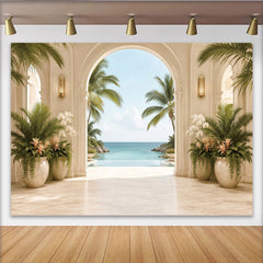 Lofaris Luxury Tropical Archway Photography Backdrop with Palm Trees and Ocean View, Elegant Resort Background for Studio Photoshoot