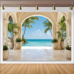 Lofaris Luxurious Tropical Beach Arch Photography Backdrop with Palm Trees and Ocean View, Elegant Scenic Background for Studio Photoshoot