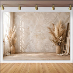 Lofaris Boho Textured Photography Backdrop with Pampas Grass and Wooden Floor, Rustic Studio Background for Portrait Photoshoot