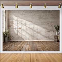 Lofaris Rustic White Brick Wall Wood Floor Photography Backdrop, Versatile Studio Background for Professional Portrait
