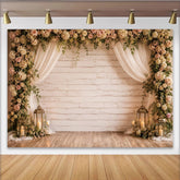 Lofaris Elegant Floral Wedding Backdrop with Rustic Wood and Sheer Drapes, Romantic Photography Background for Event Decor