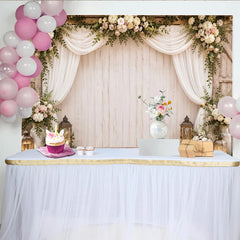 Lofaris Rustic Wood Floral Photography Backdrop with White Drapes, Elegant Studio Background for Portrait Photoshoot and Event Decor