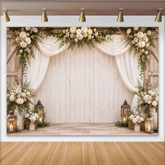 Lofaris Rustic Wood Floral Photography Backdrop with White Drapes, Elegant Studio Background for Portrait Photoshoot and Event Decor