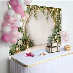 Lofaris Elegant White Arch Floral Photography Backdrop with Greenery and String Lights, Rustic Wood Floor Background for Wedding Party Decor