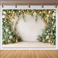 Lofaris Elegant White Arch Floral Photography Backdrop with Greenery and String Lights, Rustic Wood Floor Background for Wedding Party Decor