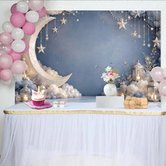 Lofaris Dreamy Blue Moon and Stars Photography Backdrop with Soft Clouds, Night Sky Background for Baby Shower and Studio Photoshoot