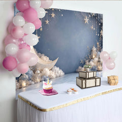 Lofaris Dreamy Blue Moon and Stars Photography Backdrop with Soft Clouds, Night Sky Background for Baby Shower and Studio Photoshoot