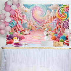 Lofaris Whimsical Pastel Candy Land Birthday Backdrop with Lollipops and Sweets, Colorful Dessert Party Background for Kids Photoshoot Decor