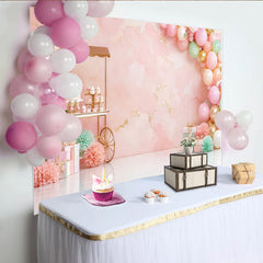 Lofaris Pink Gold Balloon Birthday Backdrop with Dessert Cart and Gifts, Elegant Party Background for Girls Photoshoot