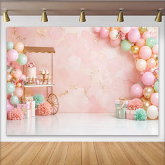 Lofaris Pink Gold Balloon Birthday Backdrop with Dessert Cart and Gifts, Elegant Party Background for Girls Photoshoot