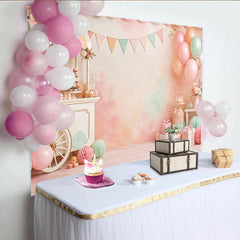 Lofaris Pastel Dessert Cart Birthday Backdrop with Balloons and Gifts, Sweet Watercolor Background for Baby Shower or Photoshoot