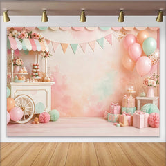 Lofaris Pastel Dessert Cart Birthday Backdrop with Balloons and Gifts, Sweet Watercolor Background for Baby Shower or Photoshoot
