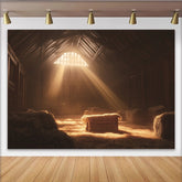 Lofaris Rustic Barn Nativity Christmas Backdrop with Golden Light and Hay, Manger Scene Photography Background for Holiday Celebration