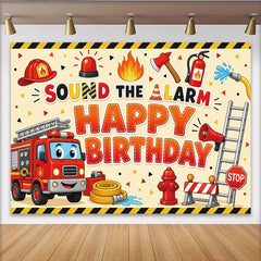 Lofaris Cartoon Firefighter Birthday Backdrop with Fire Truck and Siren, Sound the Alarm Theme Photo Background for Kids Party Decor