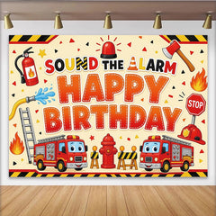 Lofaris Cartoon Firefighter Happy Birthday Backdrop with Fire Trucks and Alarm, Vibrant Fire Station Theme for Kids Party Photography
