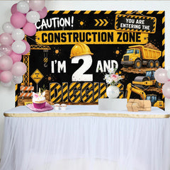 Lofaris Yellow and Black Construction 2nd Birthday Backdrop, Little Builder Party Decor with Dump Truck and Crane Background