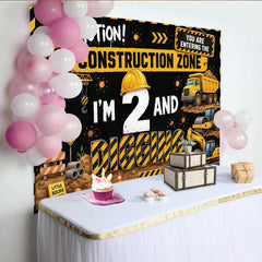 Lofaris Yellow and Black Construction 2nd Birthday Backdrop, Little Builder Party Decor with Dump Truck and Crane Background