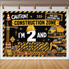 Lofaris Yellow and Black Construction 2nd Birthday Backdrop, Little Builder Party Decor with Dump Truck and Crane Background