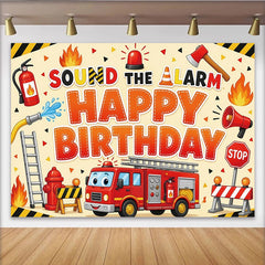 Lofaris Cartoon Firefighter Birthday Backdrop with Fire Truck and Alarm, Exciting Party Background for Kids Photo Booth