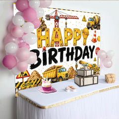 Lofaris Yellow Construction Birthday Backdrop with Excavator, Crane, and Dump Truck for Boys Party, Industrial Theme Photo Background Decor