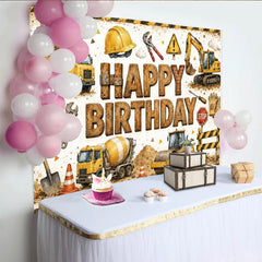 Lofaris Construction Happy Birthday Backdrop with Dump Truck and Excavator, Fun Party Background for Kids Photo Booth Decor