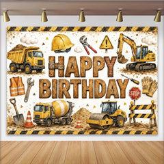 Lofaris Construction Happy Birthday Backdrop with Dump Truck and Excavator, Fun Party Background for Kids Photo Booth Decor