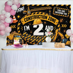 Lofaris Construction Zone 2nd Birthday Backdrop with Dump Truck and Excavator, Black and Yellow Party Background for Kids