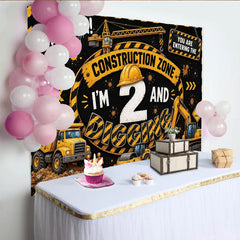 Lofaris Construction Zone 2nd Birthday Backdrop with Dump Truck and Excavator, Black and Yellow Party Background for Kids