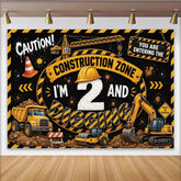 Lofaris Construction Zone 2nd Birthday Backdrop with Dump Truck and Excavator, Black and Yellow Party Background for Kids