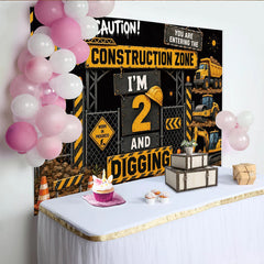 Lofaris Construction Zone 2nd Birthday Backdrop with Yellow Trucks and Digging Theme, Party Decoration for Kids Photoshoot