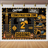 Lofaris Construction Zone 2nd Birthday Backdrop with Yellow Trucks and Digging Theme, Party Decoration for Kids Photoshoot