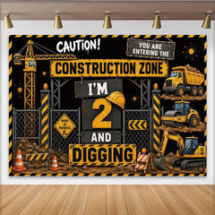 Lofaris Construction Zone 2nd Birthday Backdrop with Yellow Trucks and Digging Theme, Party Decoration for Kids Photoshoot